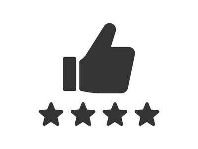 Black and white icon of a thumbs up with 4 stars as a sign of customer satisfaction