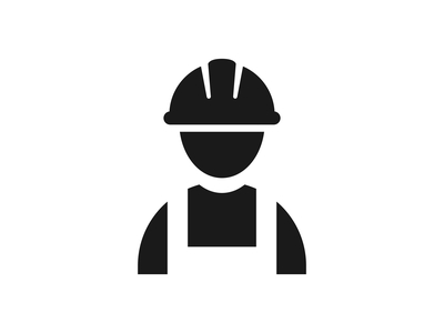 Black and white icon of a worker wearing a hard hat